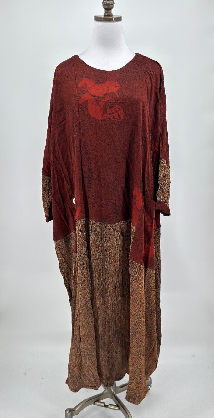 Kusnadi Vintage Art to Wear Bohemian Red Brown Lagenlook Kaftan Dress NEW